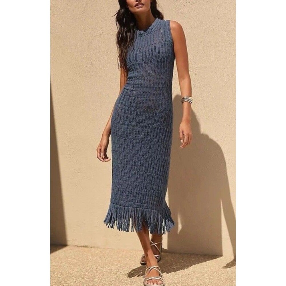 Anthropologie Women's Size XL Blue Knit Sierra Sleeveless Fringe Midi Dress NWOT